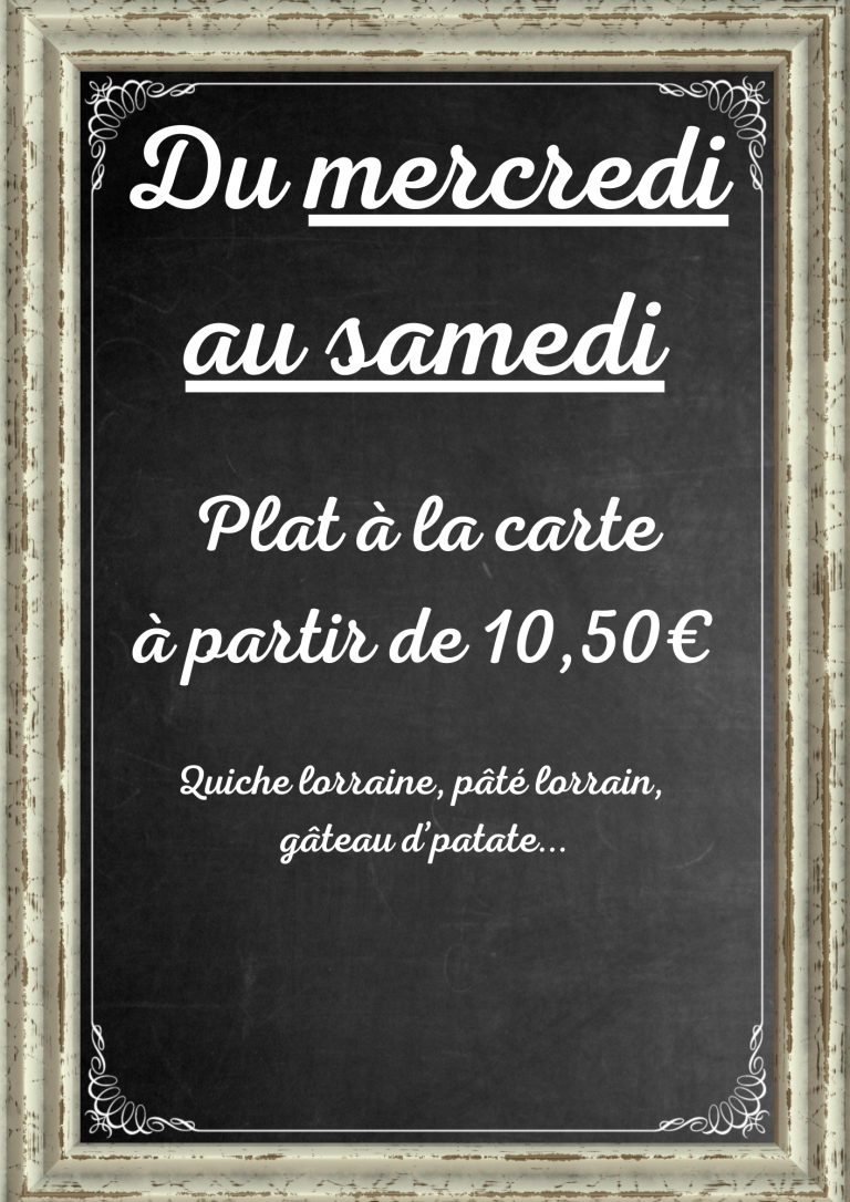 Affiche élégante annonçant un menu du mercredi au samedi, plats à partir de 10,50 €.